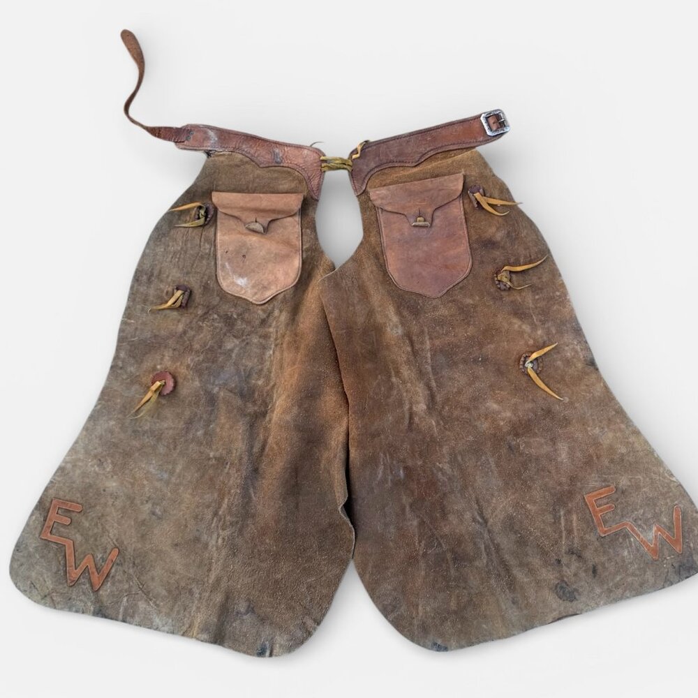 Vintage Leather Shotgun Chaps / Cowboy Batwing Chaps “EW” Brand Western Ranch